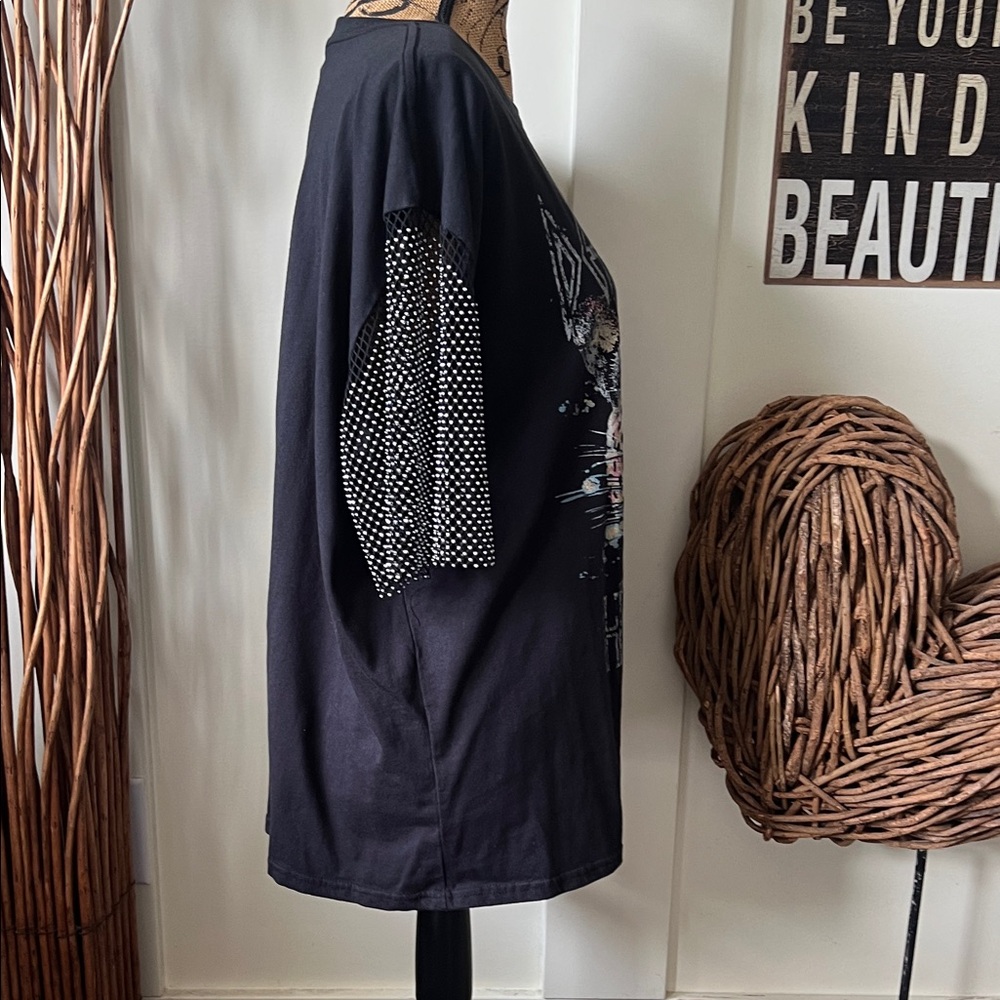 Def Leppard Black Graphic Tee With Rhinestone Mesh Sleeves - Picture 3 of 5